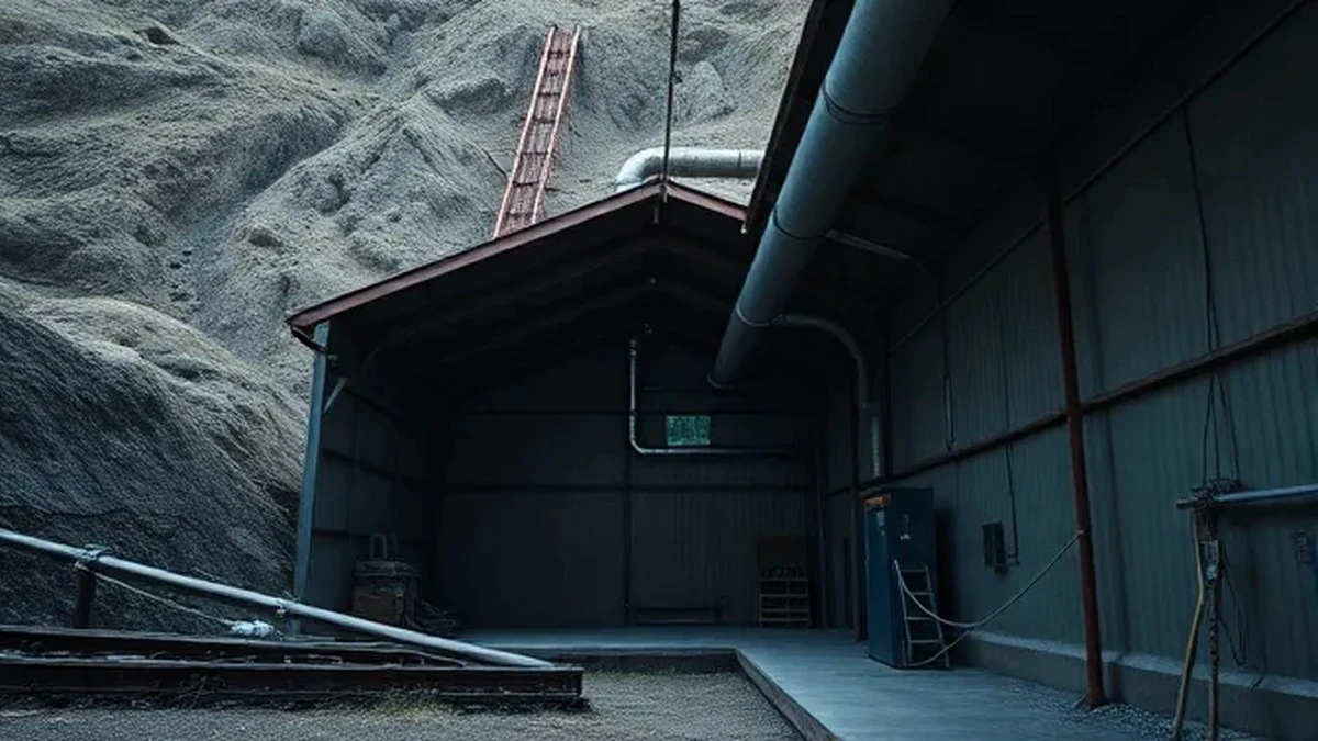 shallow depth of field close-up of a wide shot of a small mining shed with power lines and ventilation, photorealistic